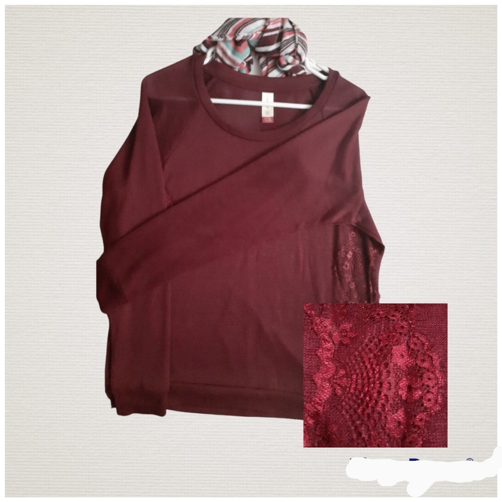 Womens sz 15/17 Burgundy Gauze type sweater top with Scarf set nwotgs - Picture 2 of 11